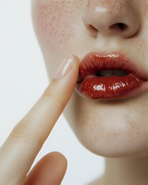 Woman with fair skin and freckles applying nude lip gloss with finger, showcasing glossy cosmetic product for beauty and makeup advertising campaigns.