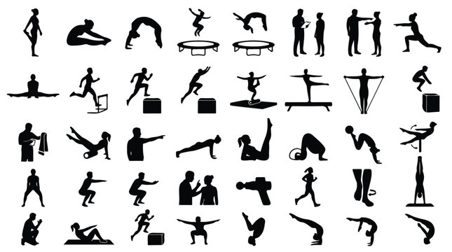 Gymnastics and fitness silhouettes, 40 icons of athletes training and exercising, black vector people performing sports and workout routines