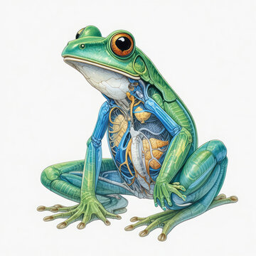 Anatomical illustration of a frog showing internal organs and skeletal structure isolated on white background.