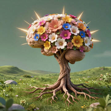Cyberpunk Brain Happy. Positive Thinking And Mental Health Visualized As A Creative, Flowering Brain Tree