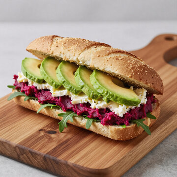 Pop Art Cheese Dip. Beetroot Hummus Sandwich With Avocado, Beet Cheese & Arugula On Vegan Bread
