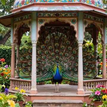 Impressionist Gazebo Dome. A Peacock Perched In An Indian Garden Gazebo Surrounded By Vibrant Floral Patterns And Lush Greenery
