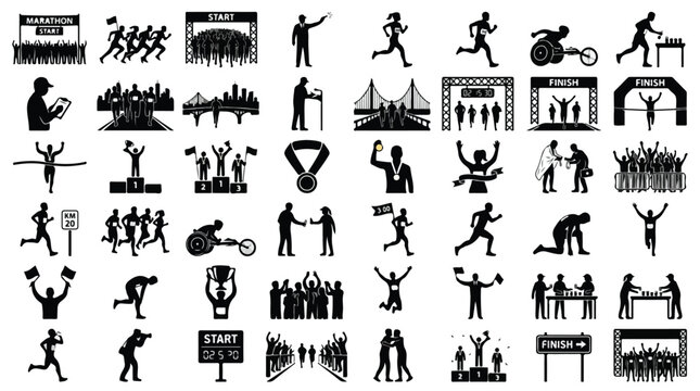 Marathon running icons set, 48 black silhouette marathon race elements, athletic competition and marathon event symbols for sports infographics
