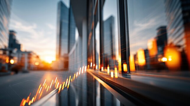 Modern city skyline with financial stock market graph overlay at sunset