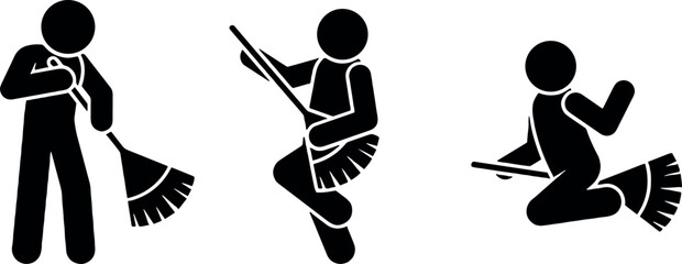 Witch flying broomstick stick figure vector icon set showing person sweeping dancing and riding magic broom. © arifa journal!