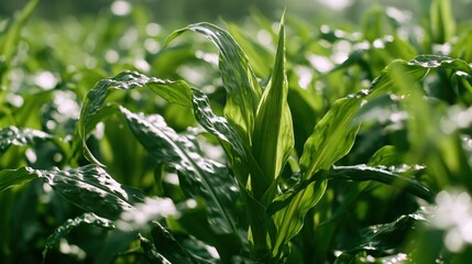 Obraz premium Close-up Lush Green Cornfield Under Natural Sunlight, Agricultural Growth Concept