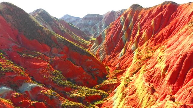 Stunning 4K Cinematic Flight Over Lanzhou Watercolor Danxia Landscape Mesmerizing Natural Stripes: Aerial Footage of Gansu Danxia Geology