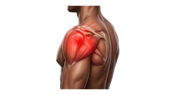 A muscular man's back with highlighted deltoid muscle in a red tone