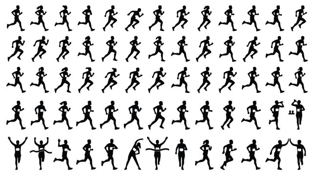 Running silhouette icons set, marathon runner athlete vector collection, black jogging figures in various poses for sports competition design