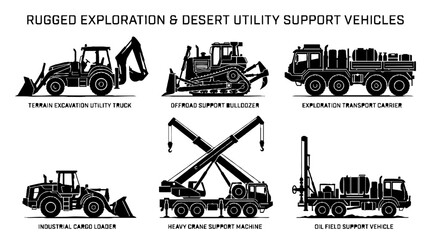 Obraz premium Set of silhouettes of rugged exploration and desert utility support vehicles.
