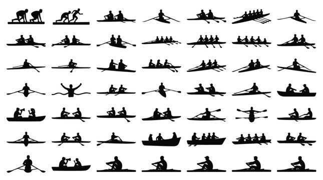 Rowing silhouettes collection, 56 rowing boat icons and sculling athlete vectors, black water sports silhouettes for competition and regatta design