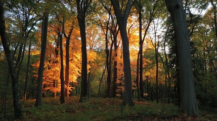 Fototapeta premium Autumn forest with warm sunlight filtering through trees