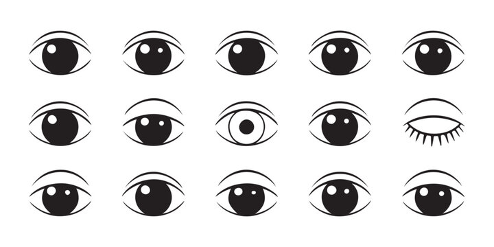 Fifteen minimalist eye icons with various pupil positions and simple eyelid shapes for digital UI elements.