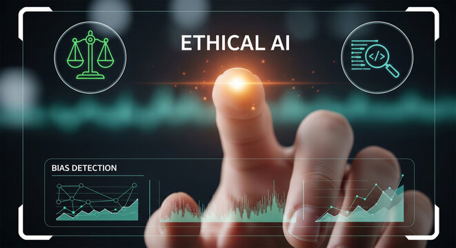 Ethical AI concept with hand touching digital screen, bias detection interface, artificial intelligence ethics