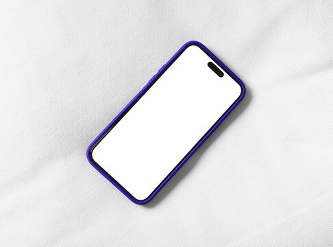 Blank smartphone mockup on light fabric background. Angled mobile phone with purple case and copy space. App design template for advertising and presentation..