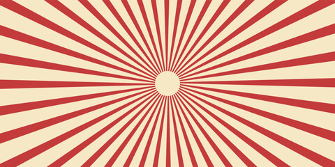 Red sunburst lines on yellow Background. Light sun rays pattern. Vintage stripes halftone radial wallpaper for poster, banner, advertising backdrop, comic or circus scene. © Hendra
