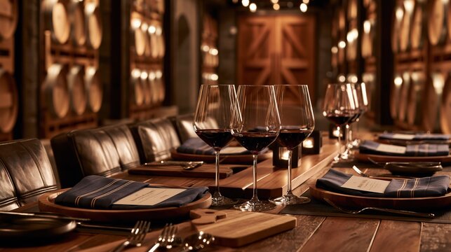 Elegant winery barrel room dining table with wine glasses and fine dining setting