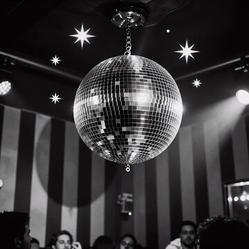 Stop-Motion Music Merry Christmas. Disco Ball With Stars In A Monochrome Nightclub, Featuring Striped Walls And Spotlight-Lit Party Atmosphere