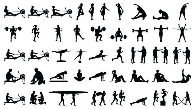 Gym fitness silhouettes set, 45 workout icons vector, people exercising and weightlifting in training center, athletic sports figures