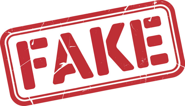 Fake rubber stamp, red ink marking symbol for disinformation misinformation fact checking verification and false information warning concept.