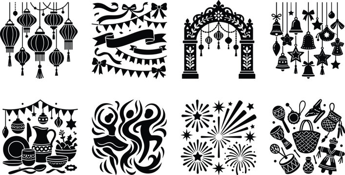 Festival and Celebration Elements Black Silhouette Vector Graphic Icon Set Isolated on White Background