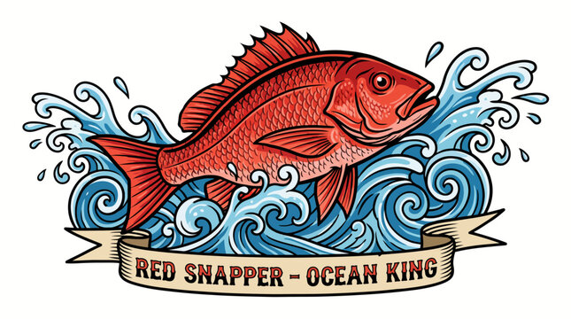 Illustrated red snapper fish swimming through stylized blue waves with a vintage banner reading Red Snapper - Ocean King.