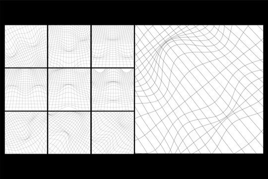 Wave wracked surface grid set. Crinkled energetic grid collection structure of fine lines. Simple black and white dynamic vector square backgrounds