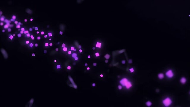 Purple glowing cubes and geometric shapes floating in dark space for abstract digital background