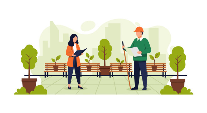 Urban planner in orange hard hat with measuring pole and colleague with folder reviewing reforestation project in city park with trees and wooden benches for public space.