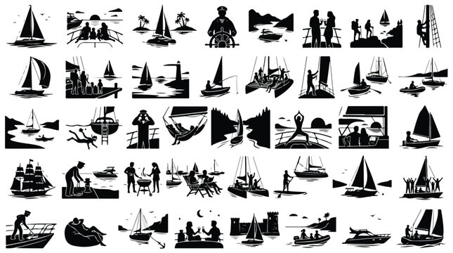 Sailing and nautical lifestyle silhouette icons, set of 40 maritime vector illustrations, boat travel and ocean vacation graphics