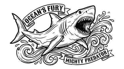 Bold black-and-white shark illustration with crashing waves and a banner emblem, a striking predator logo suitable for branding, apparel, and tattoos. © Achmad