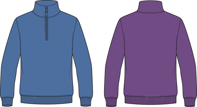 Men sweatshirt technical fashion vector illustration with quarter zip collar front and back views isolated on white background