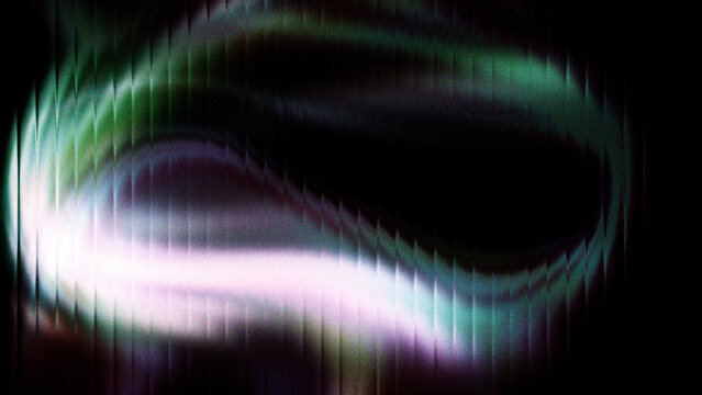 Abstract dark digital background with glowing green and white distorted waves, retro CRT glass texture, and grainy analog noise effect.