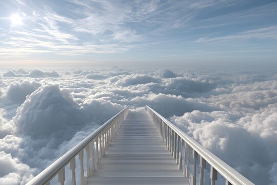 A serene staircase ascends towards a peaceful horizon over a sea of clouds