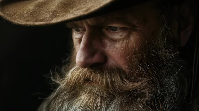 A dramatic portrait captures the intense gaze of a weathered man with a thick beard. He wears a hat that casts a shadow over his face, accentuating the lines of experience and grit in his expression.