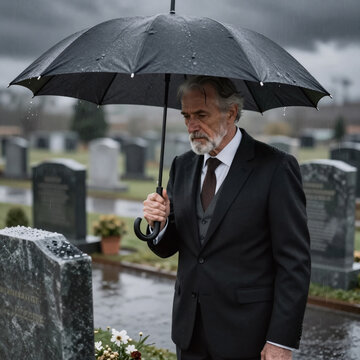 Isometric Rain Lonely. Sad, Elderly Man Standing In Rain With Umbrella At Loved One'S Grave