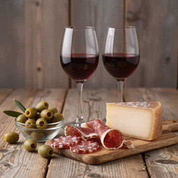 Art Deco Cheese Platter. Top View Of A Rustic Wooden Wine Snack Set With Red Wine, Green Olives, Prosciutto Salami, And Aged Cheese In Horizontal Composition