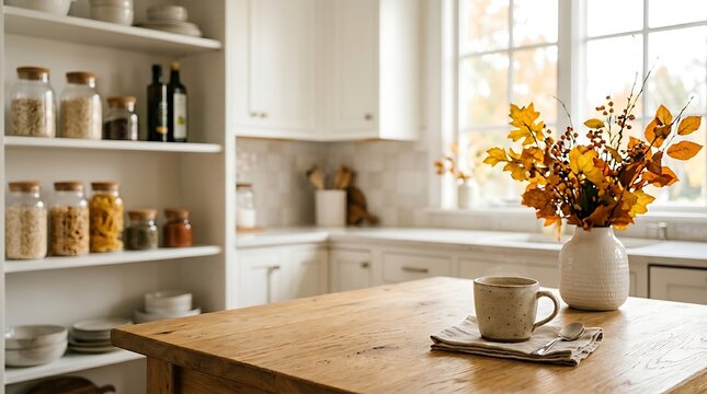 Bright kitchen interior with autumn floral arrangement and rustic wooden table