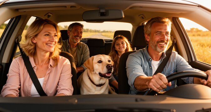 The whole family is driving for the weekend. Mom and Dad with their daughter and a Labrador dog are sitting in the car. Leisure, travel, tourism.
