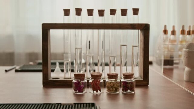 Glass test tubes with liquids and small jars with dried flowers standing on wooden table in workshop. Clip is ideal for organic cosmetics marketing or DIY perfume masterclass promo