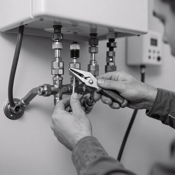 Monochrome Gas Boiler. Plumber Fixes Residential Gas Boiler Heating Issue