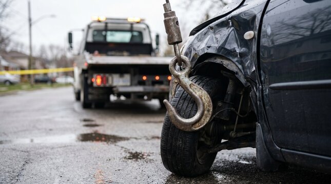 Close-up J hook secured to damaged car front wheel on wet suburban street with tow truck and caution tape in background