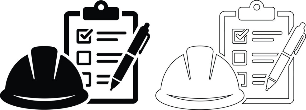 Vector icon set of a construction hardhat, clipboard checklist, and pen representing site safety inspection, project management, and quality audit in black silhouette and outline styles.