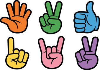 Fototapeta premium Hand gestures set, cartoon peace sign thumbs up and rock on hand symbols for communication expression emoji and social media design.