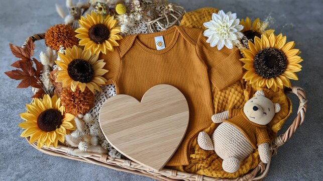 Cozy Autumn Baby Announcement Gift Basket with Sunflower, Teddy Bear, and Heart Detail