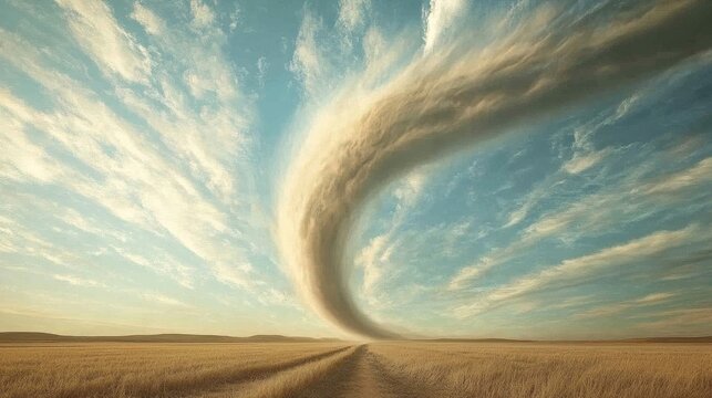 A powerful tornado funnel cloud stretches across a vast, dusty landscape under a sky