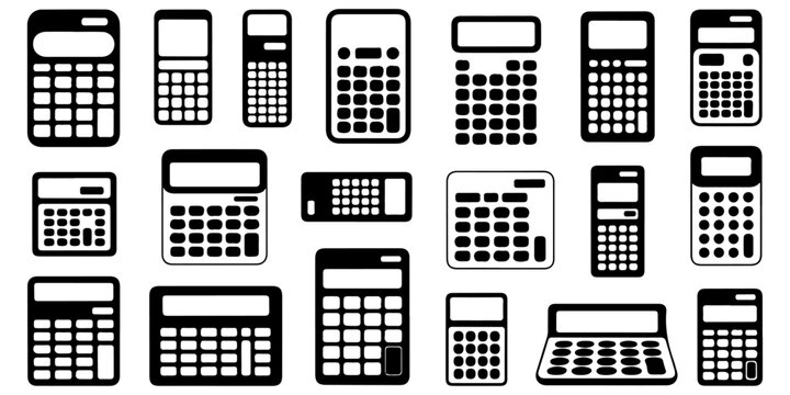 Calculator icon collection featuring business, accounting, finance, mathematics and budgeting symbols in black silhouette style isolated on light background for web and app design