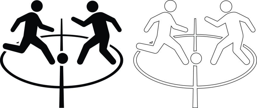 Vector icon set of two stick figure soccer players facing each other at the pitch center circle for a match kickoff in solid black silhouette and line outline styles.