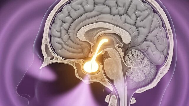 Human Brain Cross Section 3D Medical Animation Sagittal View Pituitary Gland Anatomy Neuroscience Dark Background