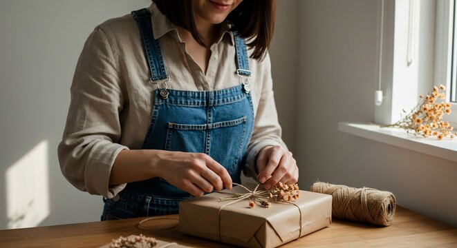 Artisanal Gift Wrapping: Woman Tying Dried Flowers onto a Rustic Parcel by a Window